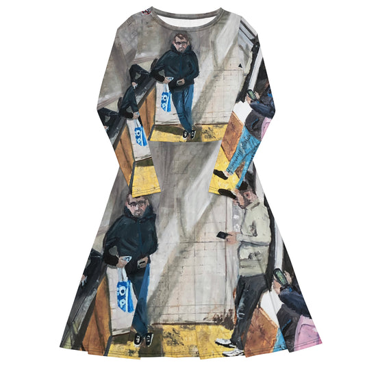 Head Down to the Chippy - All-over print long sleeve midi dress
